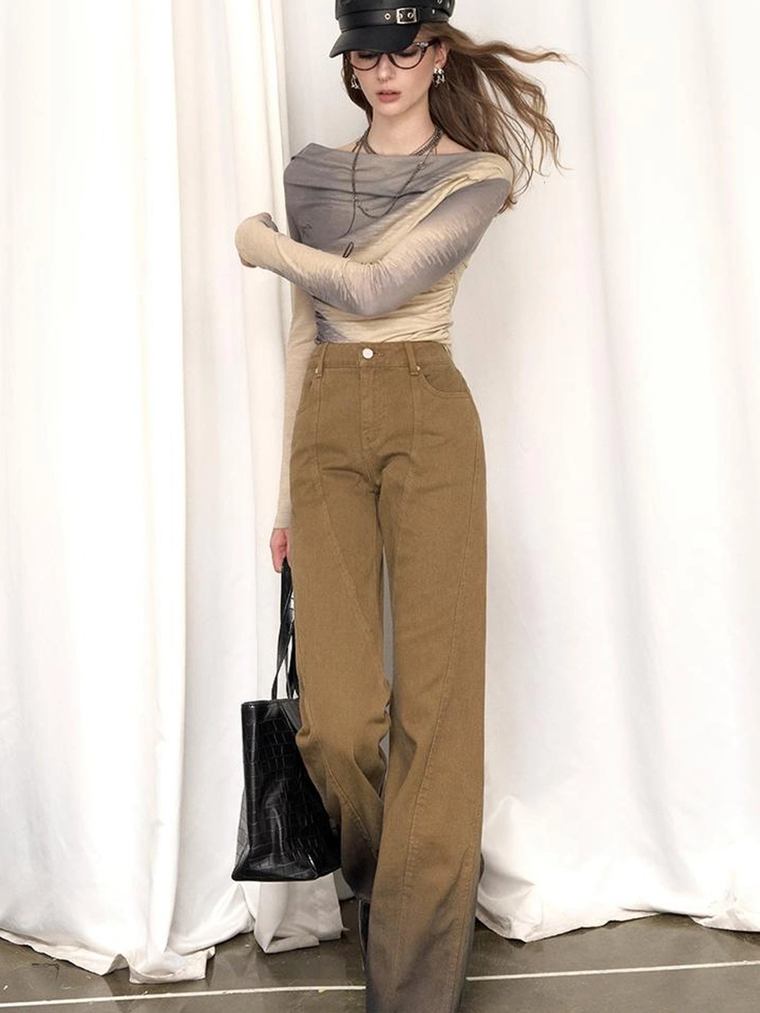 OfAkiva Black Brown Washed Gradient Proportional Straight Leg Pants