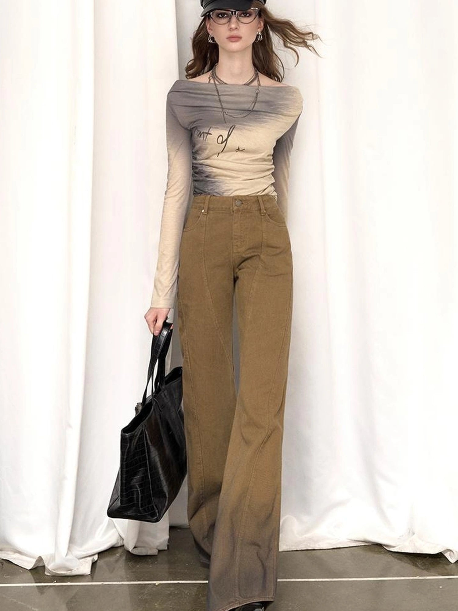 OfAkiva Black Brown Washed Gradient Proportional Straight Leg Pants