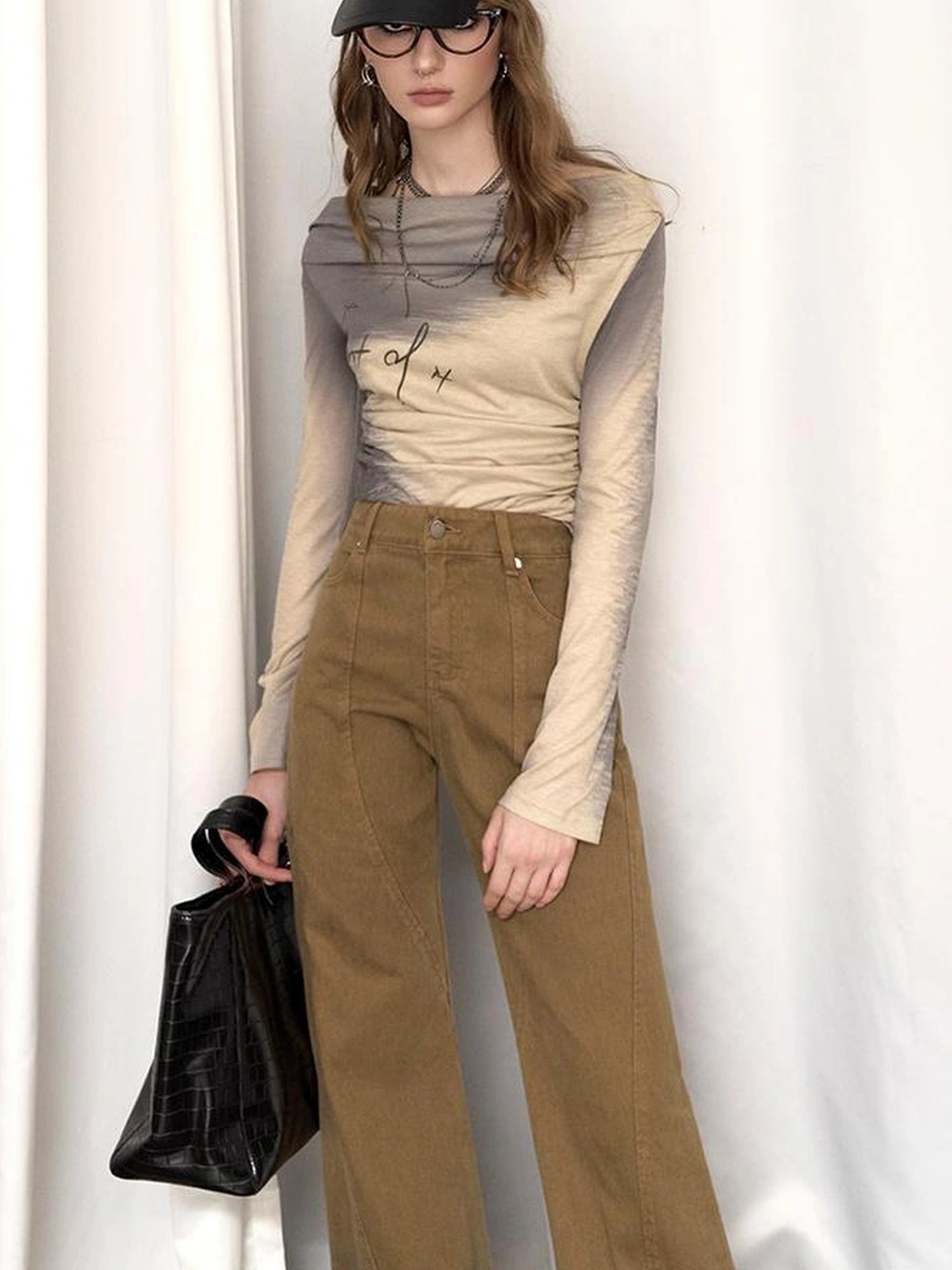 OfAkiva Black Brown Washed Gradient Proportional Straight Leg Pants