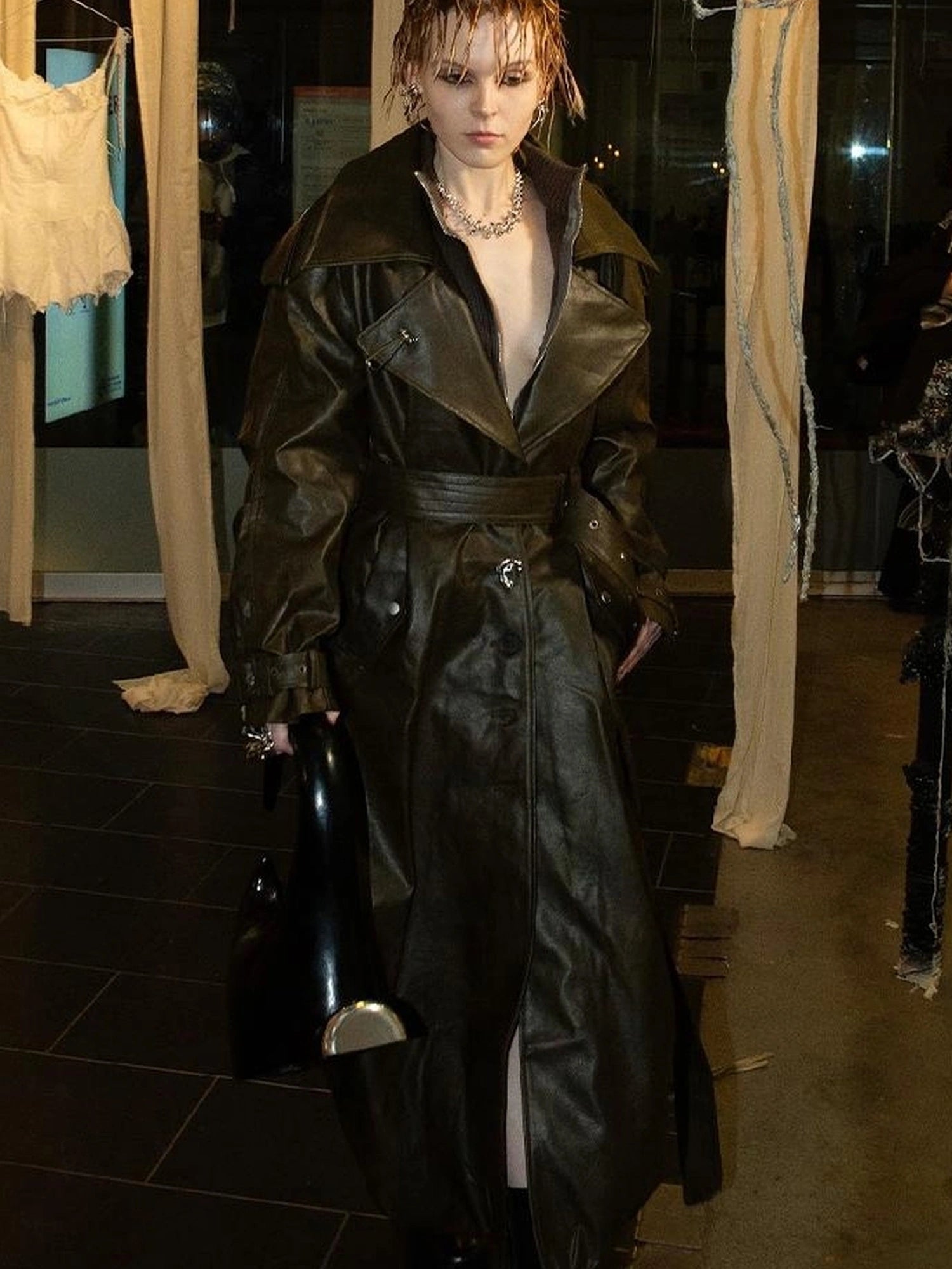 OfAkiva Black Cloud Hem Quilted Leather Coat