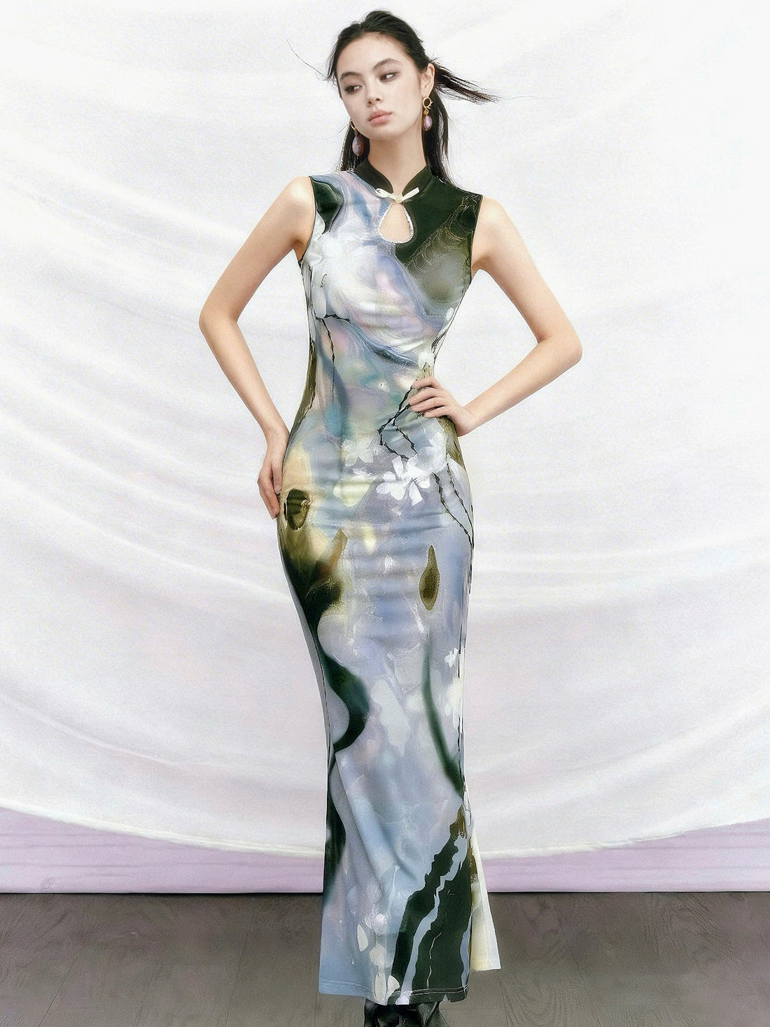 OfAkiva Black Rose Impressionist Print High Waist Fishtail Women&