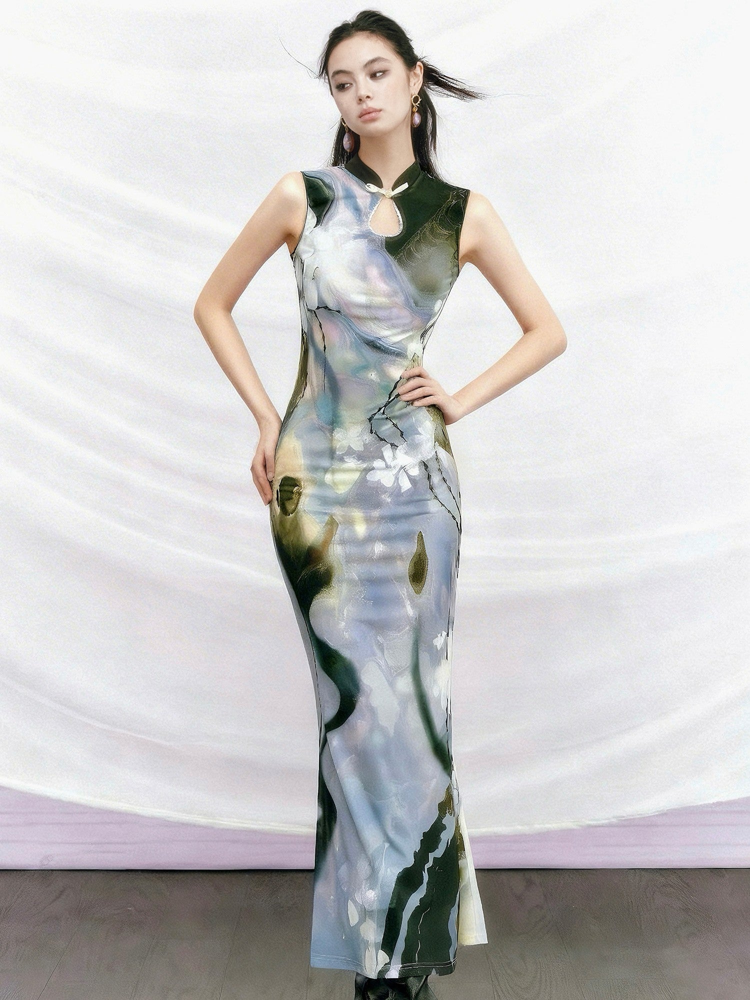 OfAkiva Black Rose Impressionist Print High Waist Fishtail Women&
