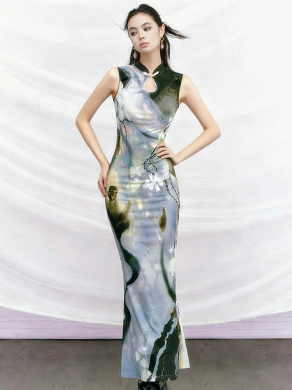 OfAkiva Black Rose Impressionist Print High Waist Fishtail Women&