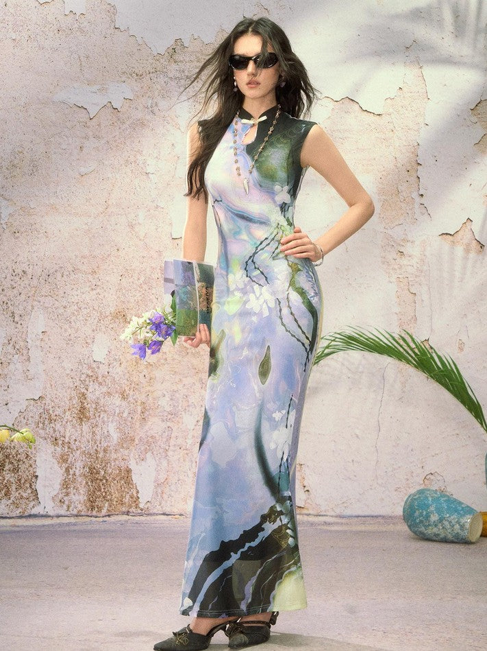 OfAkiva Black Rose Impressionist Print High Waist Fishtail Women&