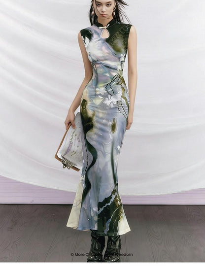 OfAkiva Black Rose Impressionist Print High Waist Fishtail Women&