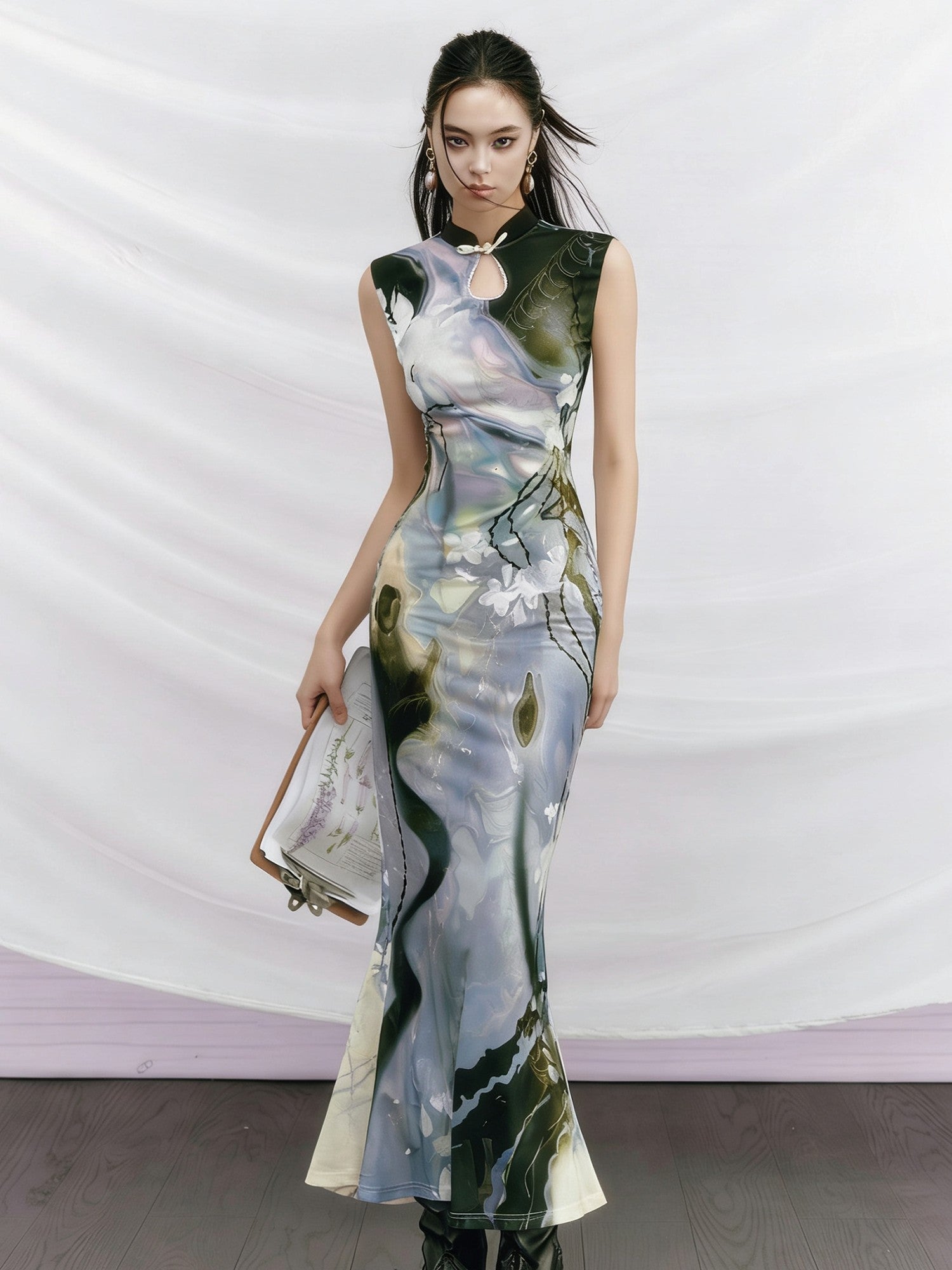 OfAkiva Black Rose Impressionist Print High Waist Fishtail Women&