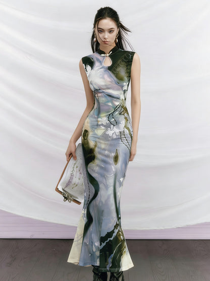 OfAkiva Black Rose Impressionist Print High Waist Fishtail Women&