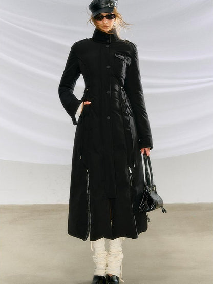 OfAkiva Black Solid Color Stand Collar Cinched Waist Slimming Goose Down Women&