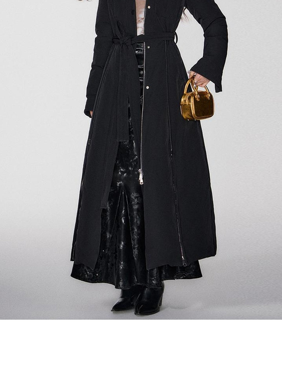 OfAkiva Black Solid Color Stand Collar Cinched Waist Slimming Goose Down Women&