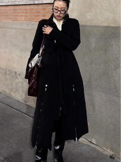 OfAkiva Black Solid Color Stand Collar Cinched Waist Slimming Goose Down Women&