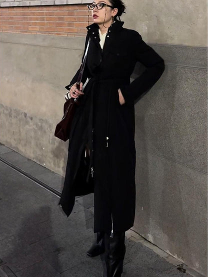 OfAkiva Black Solid Color Stand Collar Cinched Waist Slimming Goose Down Women&