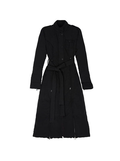 OfAkiva Black Solid Color Stand Collar Cinched Waist Slimming Goose Down Women&