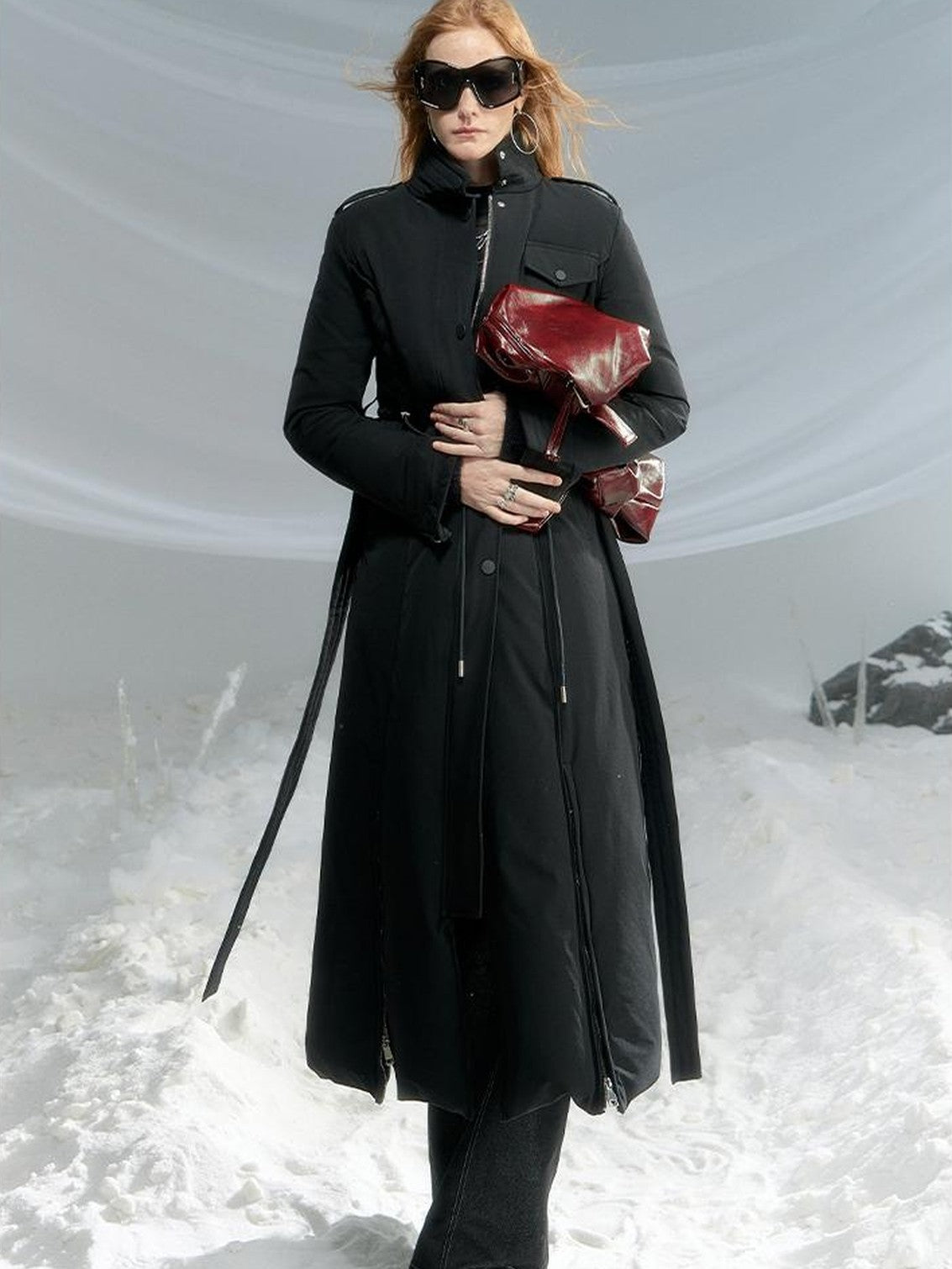 OfAkiva Black Solid Color Stand Collar Cinched Waist Slimming Goose Down Women&