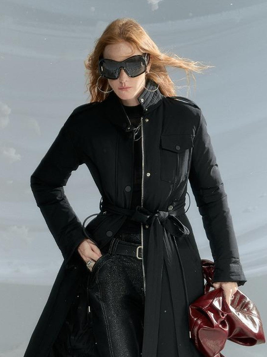 OfAkiva Black Solid Color Stand Collar Cinched Waist Slimming Goose Down Women&
