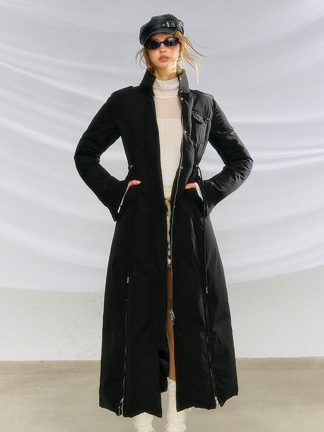 OfAkiva Black Solid Color Stand Collar Cinched Waist Slimming Goose Down Women&