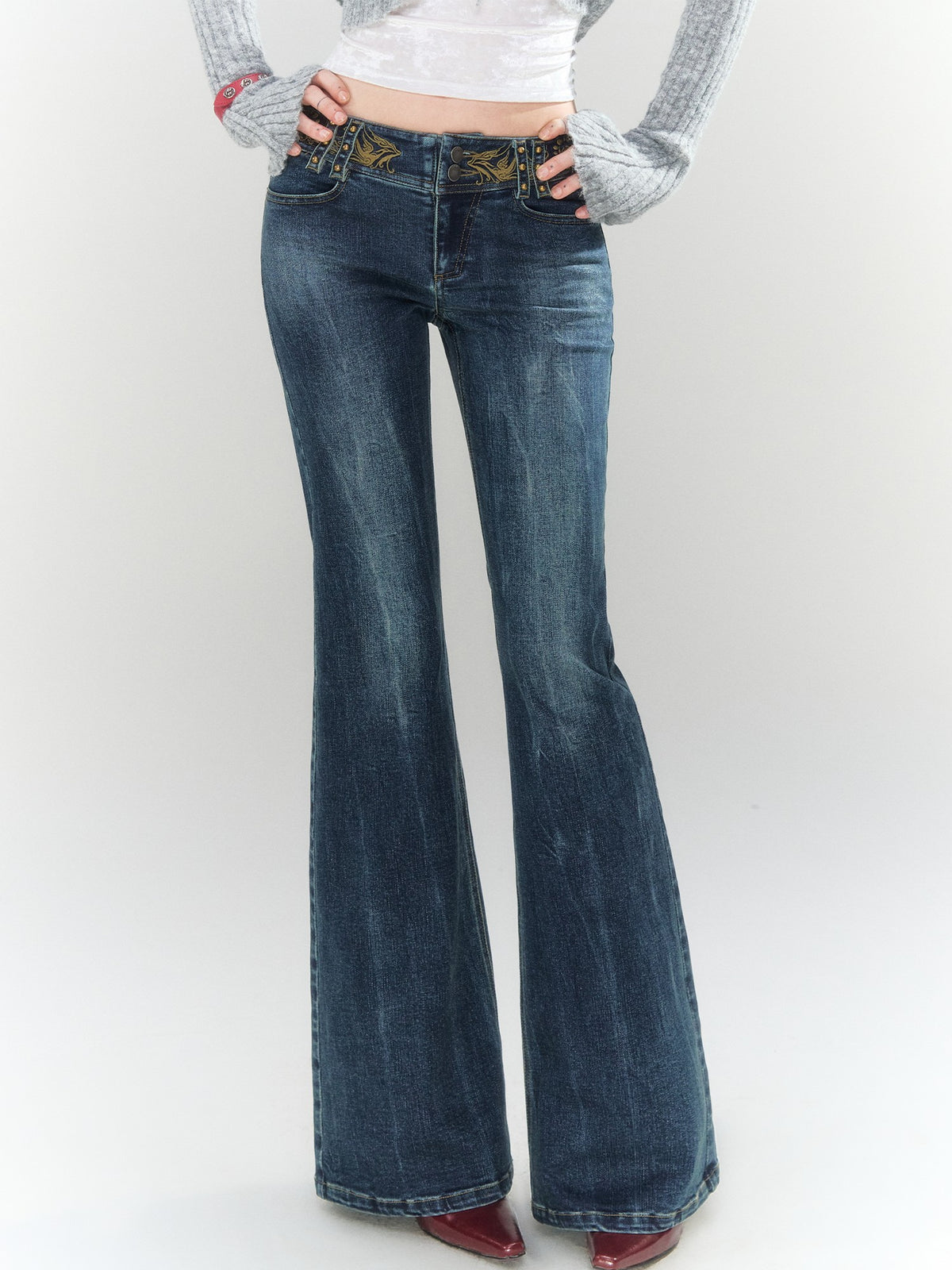 OfAkiva Blue Gold Embroidered Low Rise Cotton Women&