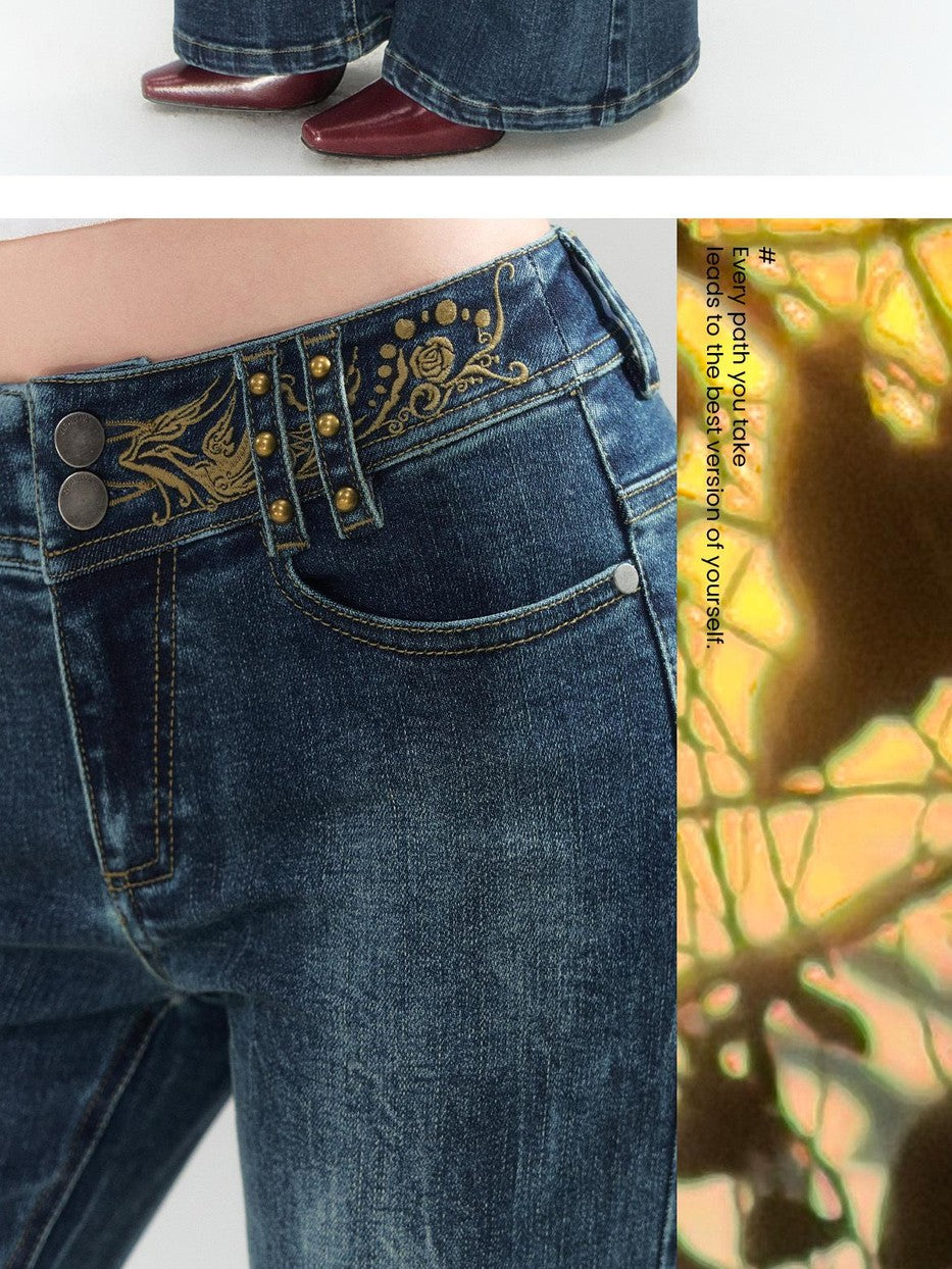 OfAkiva Blue Gold Embroidered Low Rise Cotton Women&