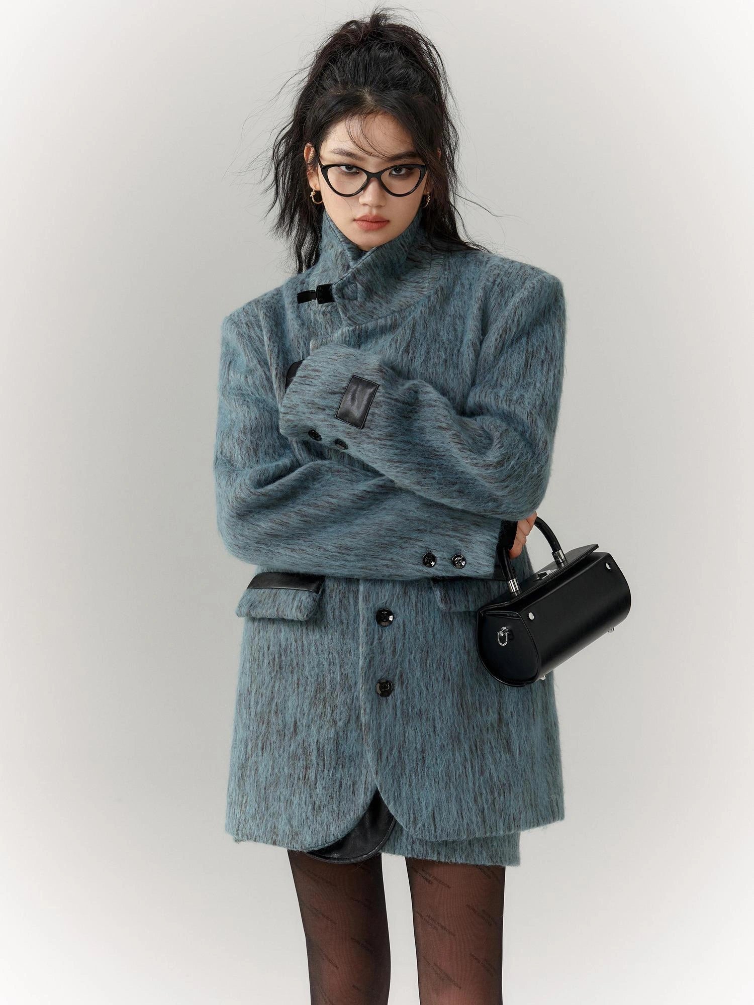 OfAkiva Blue Grey Wool Blend Suit Set With Skirt