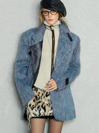 OfAkiva Blue Grey Wool Blend Suit Set With Skirt