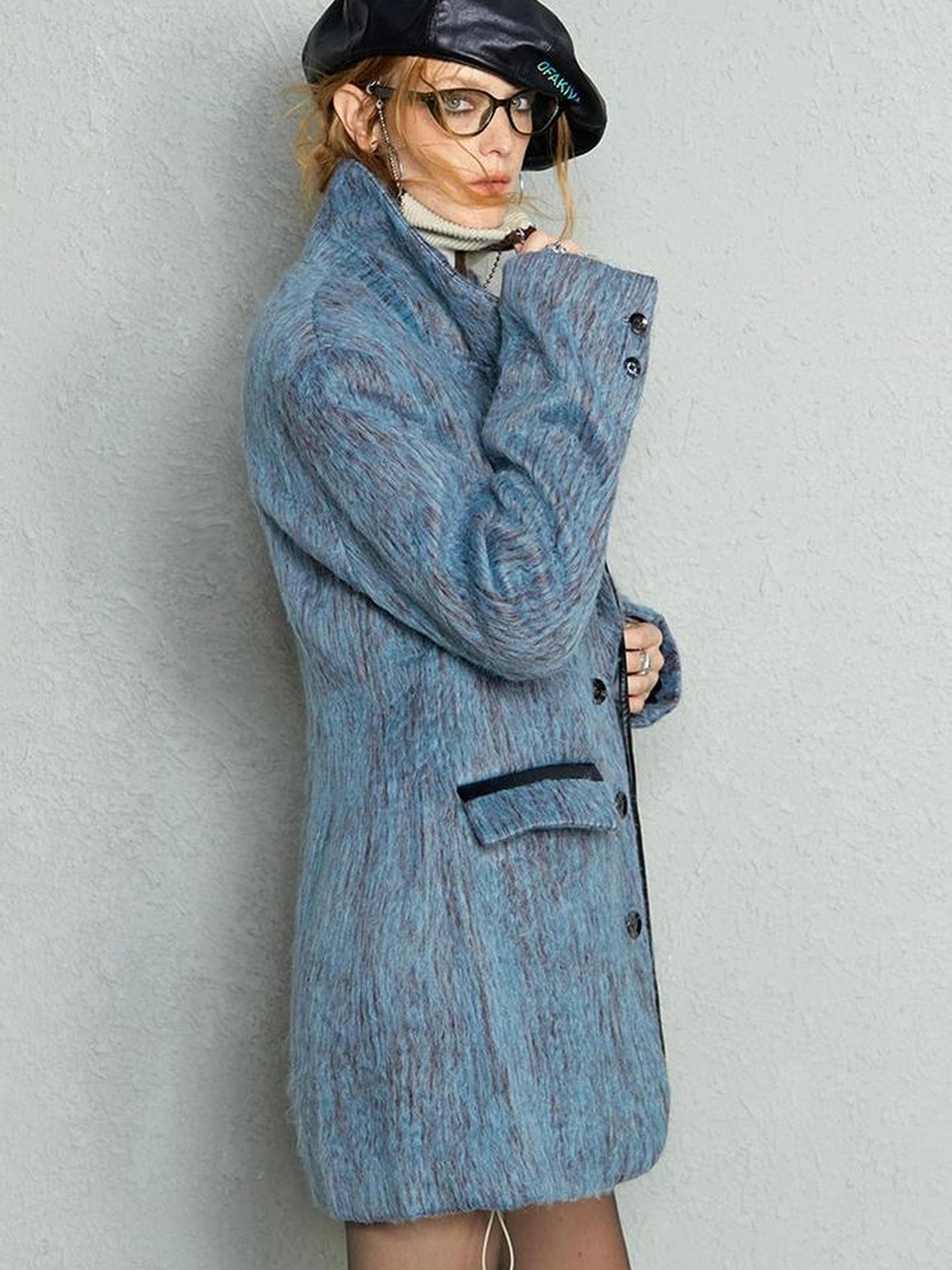OfAkiva Blue Grey Wool Blend Suit Set With Skirt