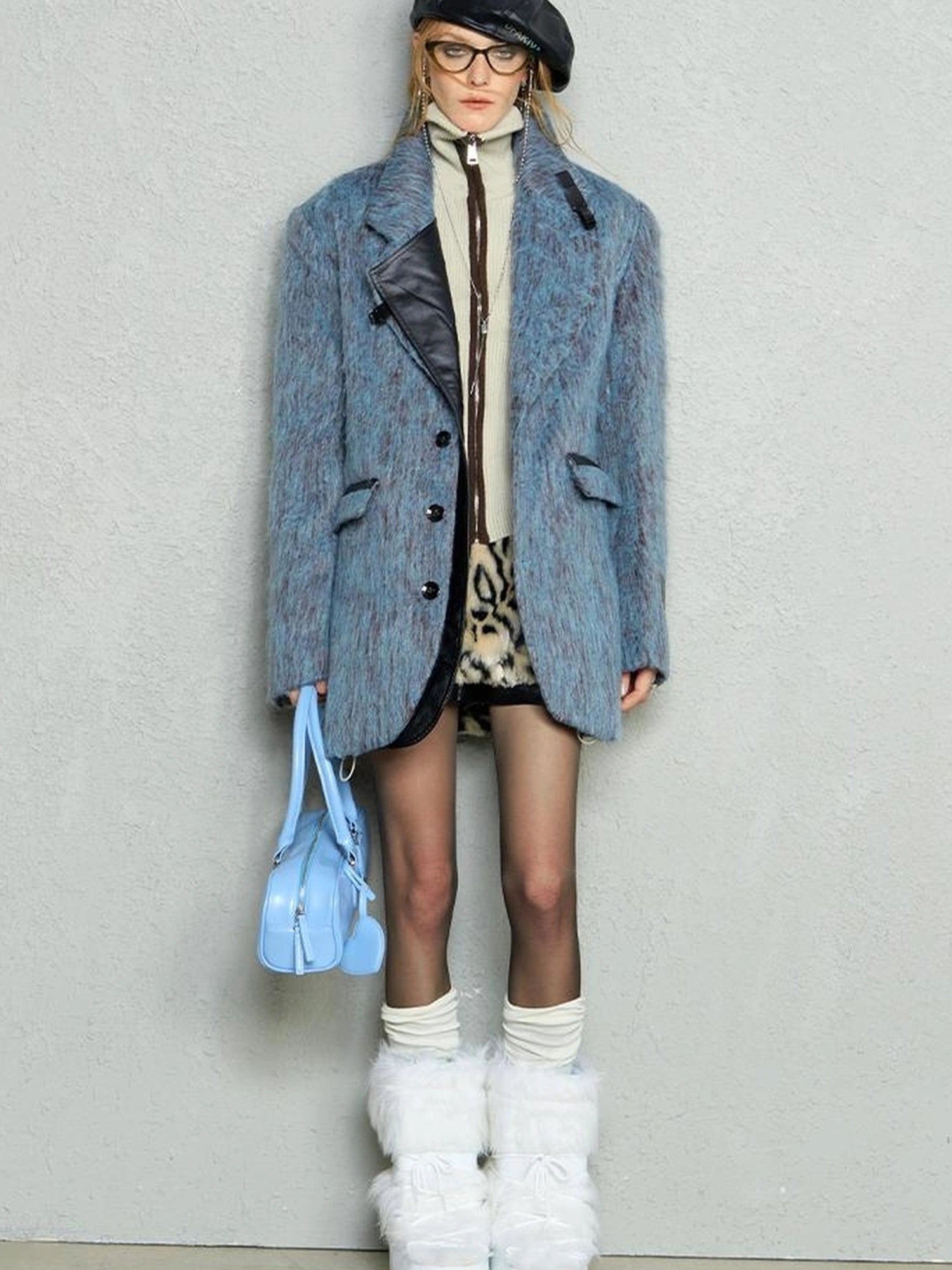 OfAkiva Blue Grey Wool Blend Suit Set With Skirt