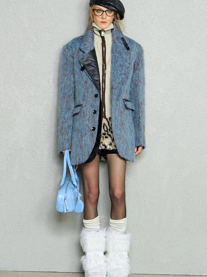 OfAkiva Blue Grey Wool Blend Suit Set With Skirt