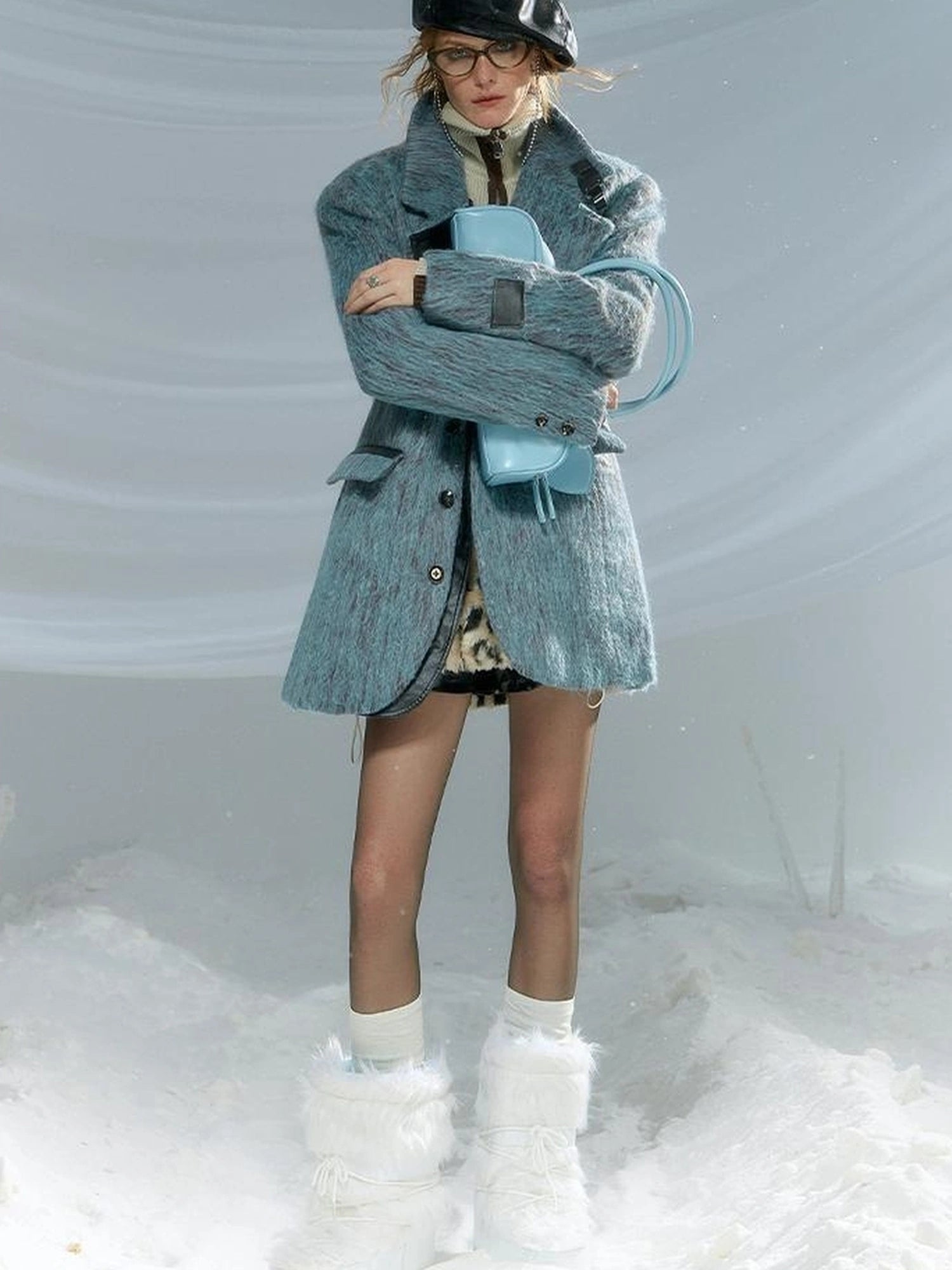 OfAkiva Blue Grey Wool Blend Suit Set With Skirt