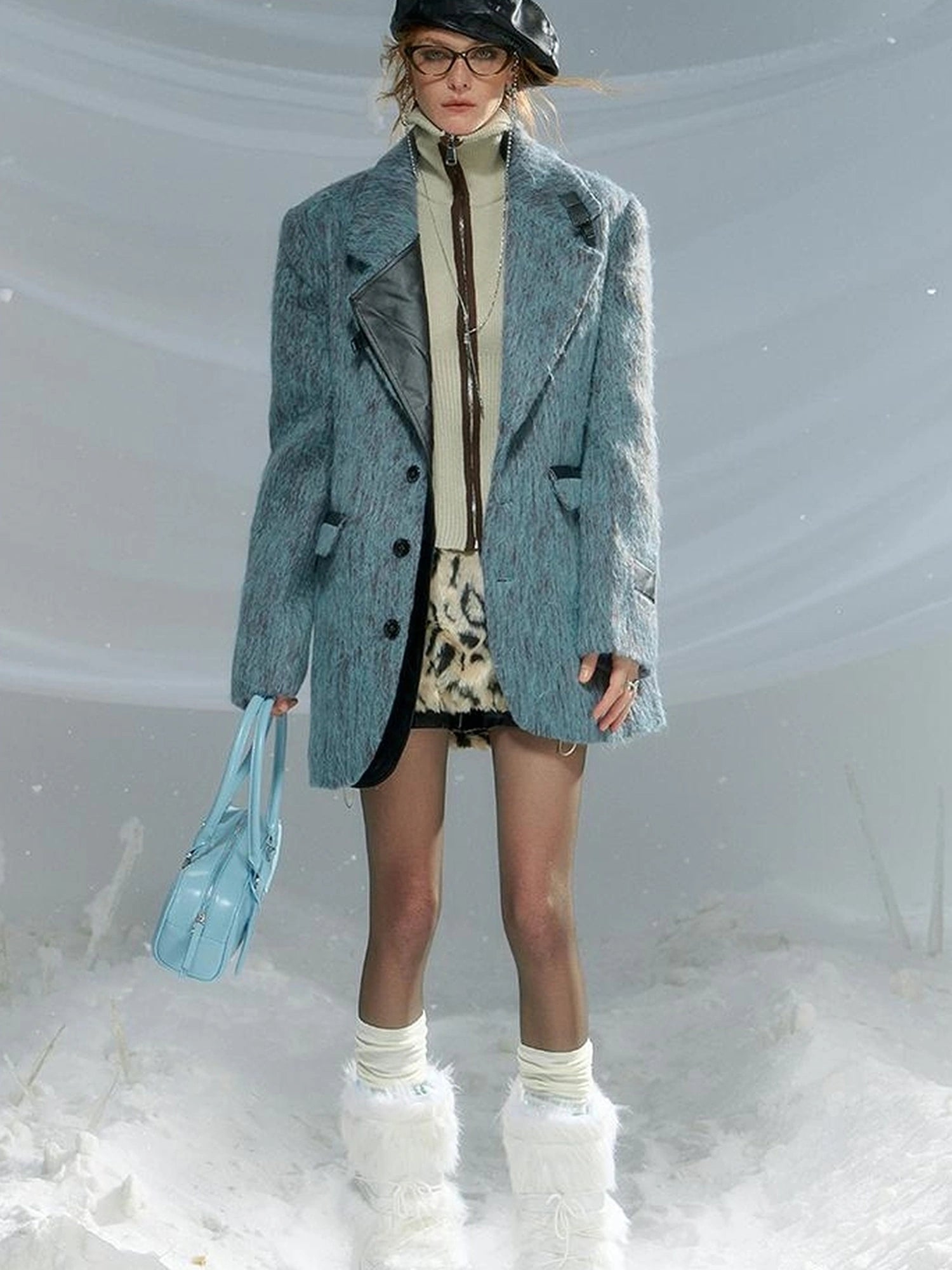 OfAkiva Blue Grey Wool Blend Suit Set With Skirt