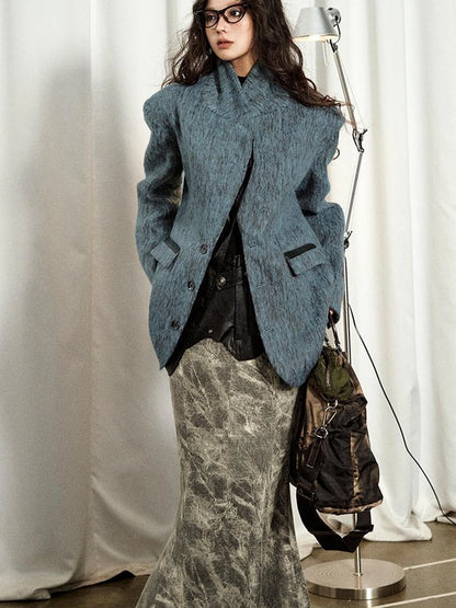 OfAkiva Blue Grey Wool Blend Suit Set With Skirt