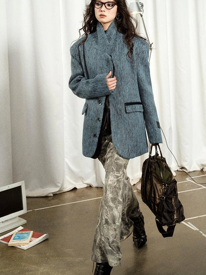 OfAkiva Blue Grey Wool Blend Suit Set With Skirt