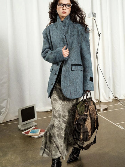 OfAkiva Blue Grey Wool Blend Suit Set With Skirt