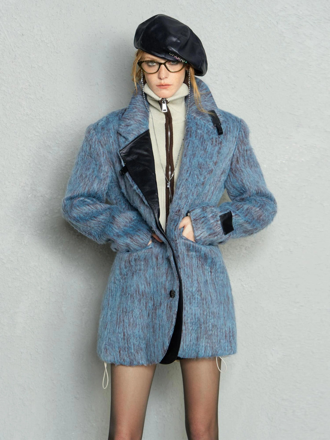 OfAkiva Blue Grey Wool Blend Suit Set With Skirt