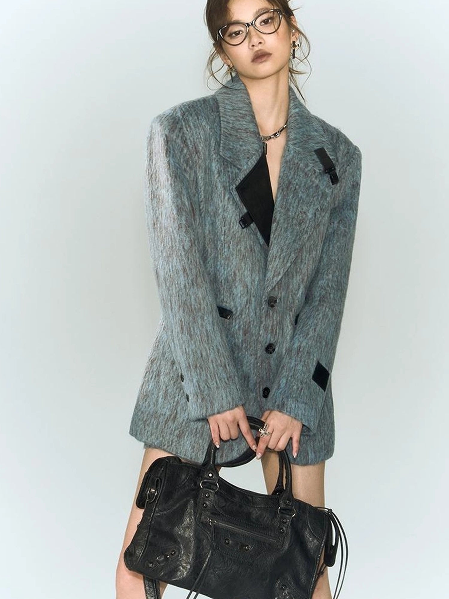 OfAkiva Blue Grey Wool Blend Suit Set With Skirt