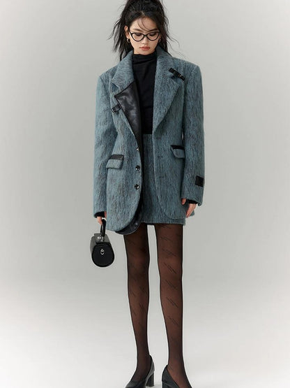 OfAkiva Blue Grey Wool Blend Suit Set With Skirt