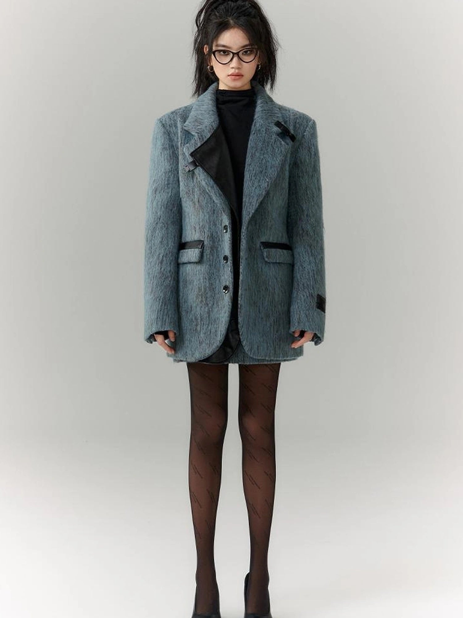 OfAkiva Blue Grey Wool Blend Suit Set With Skirt