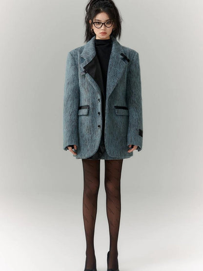 OfAkiva Blue Grey Wool Blend Suit Set With Skirt