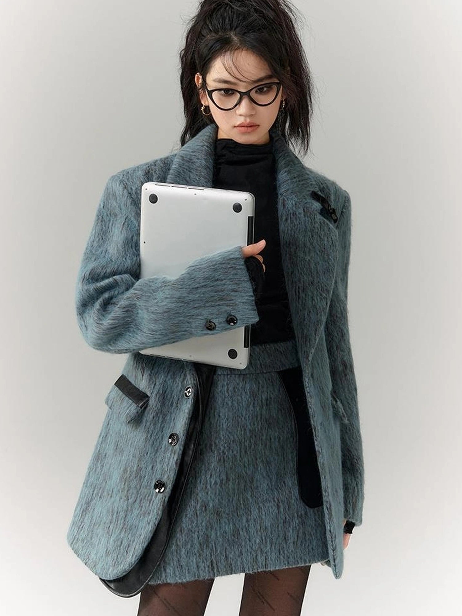 OfAkiva Blue Grey Wool Blend Suit Set With Skirt