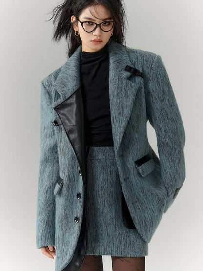 OfAkiva Blue Grey Wool Blend Suit Set With Skirt