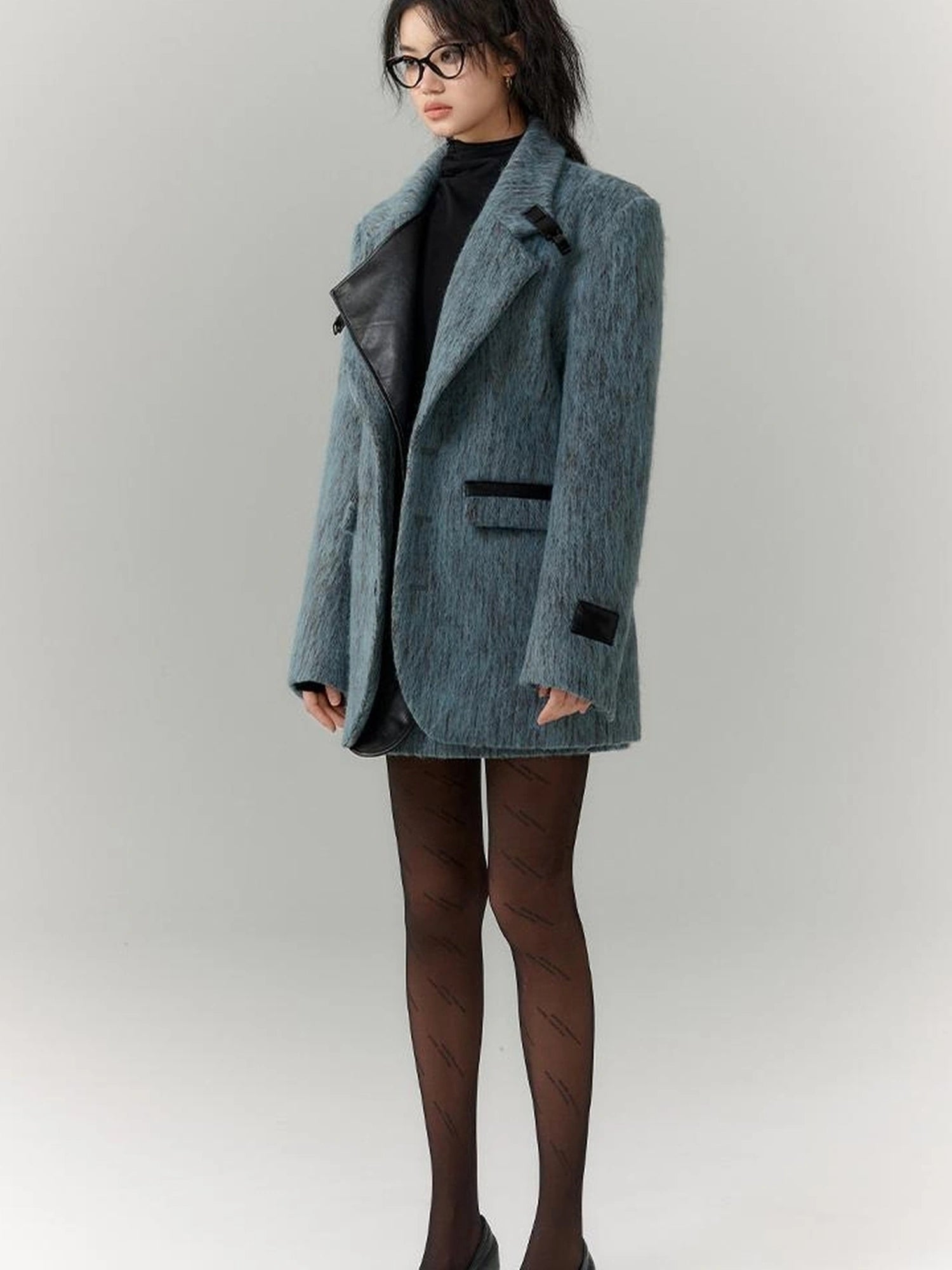 OfAkiva Blue Grey Wool Blend Suit Set With Skirt