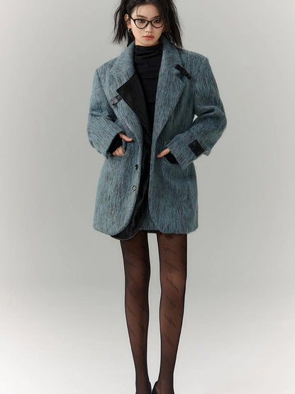 OfAkiva Blue Grey Wool Blend Suit Set With Skirt