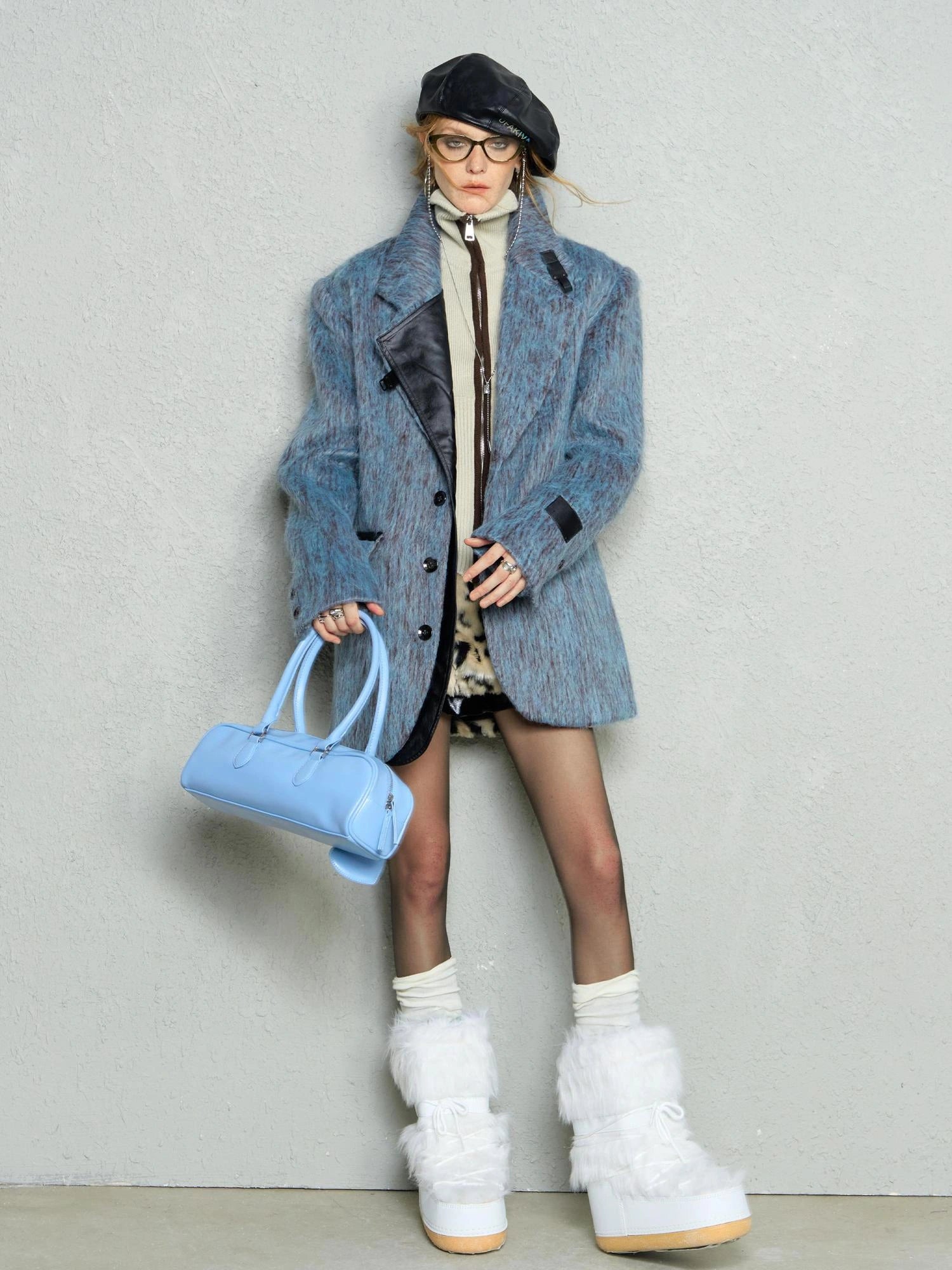 OfAkiva Blue Grey Wool Blend Suit Set With Skirt