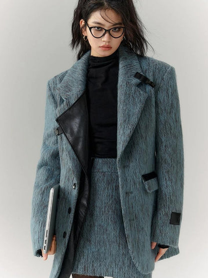 OfAkiva Blue Grey Wool Blend Suit Set With Skirt