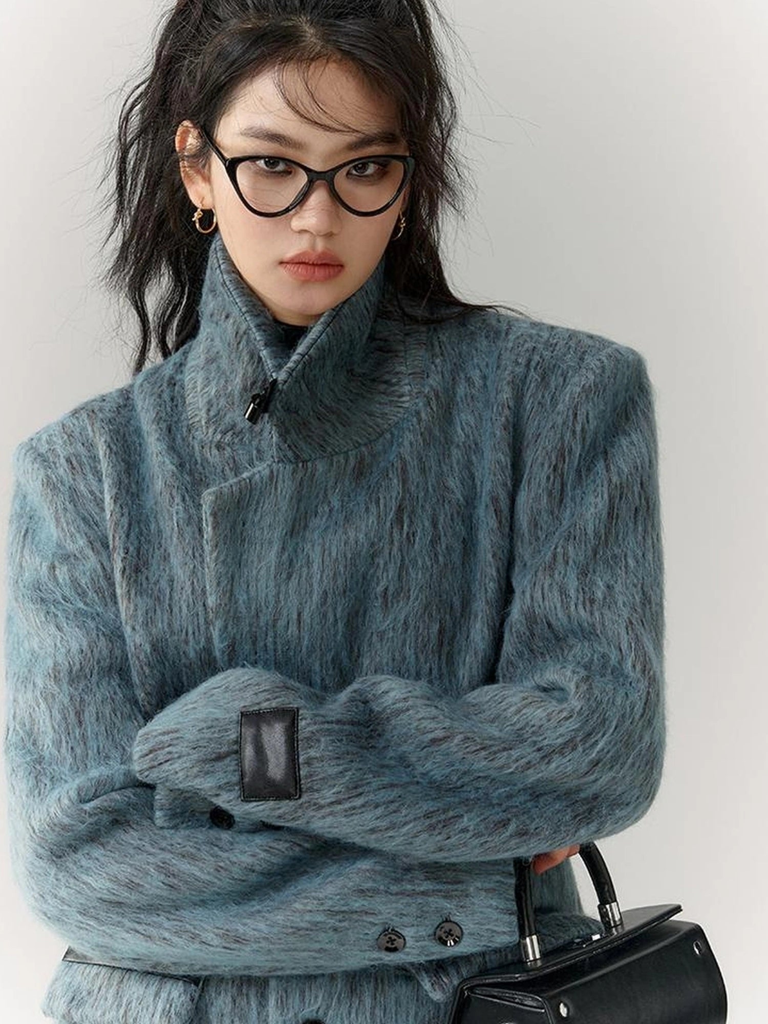 OfAkiva Blue Grey Wool Blend Suit Set With Skirt