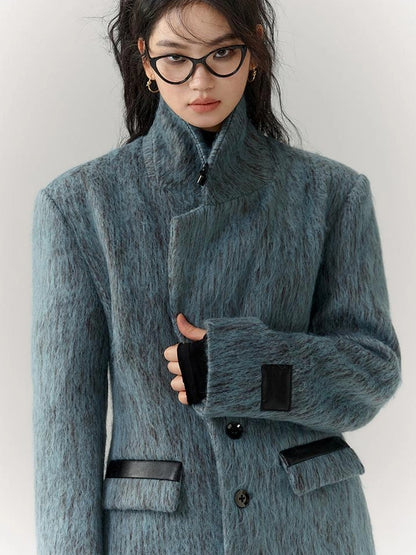 OfAkiva Blue Grey Wool Blend Suit Set With Skirt