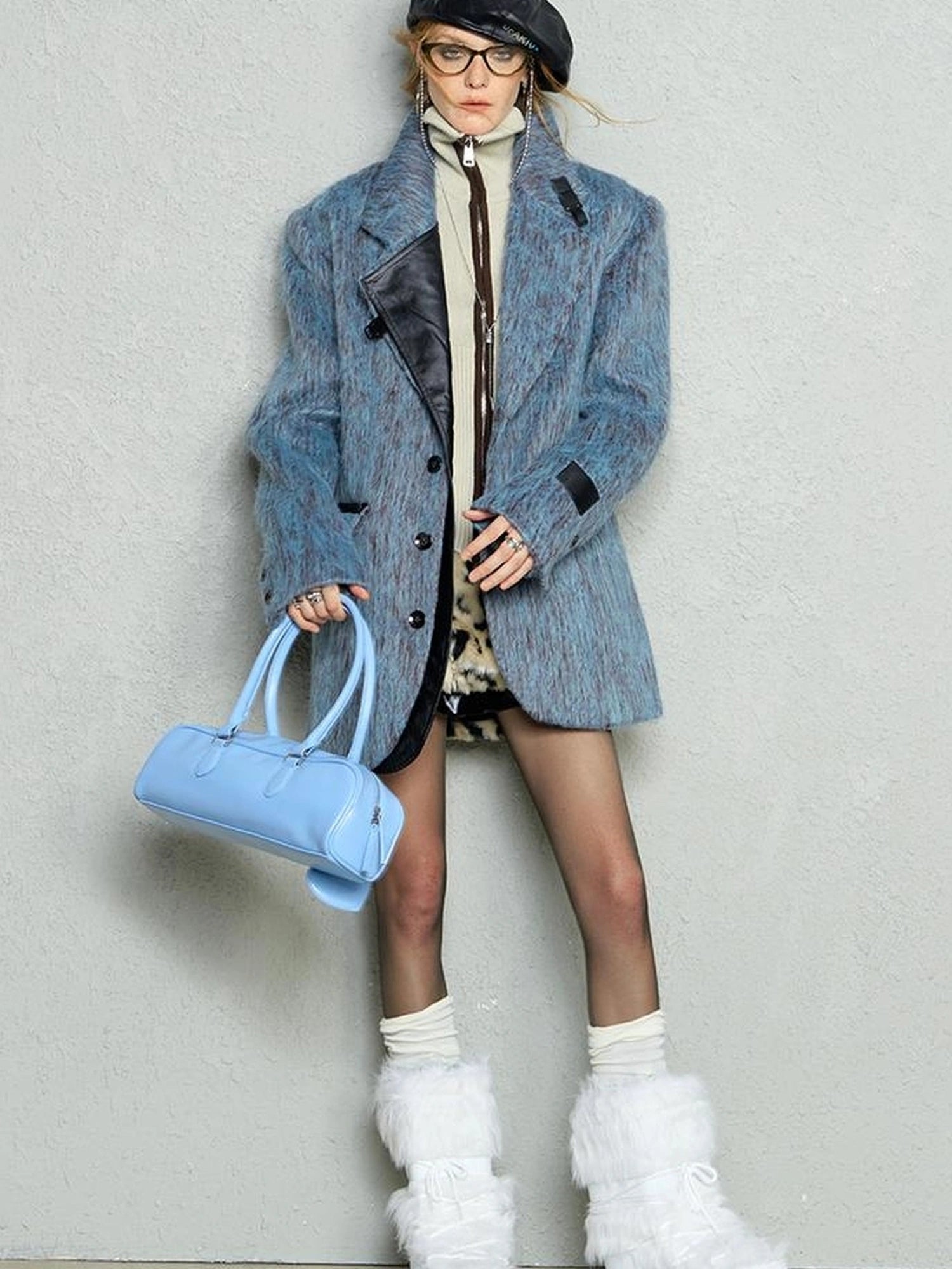 OfAkiva Blue Grey Wool Blend Suit Set With Skirt