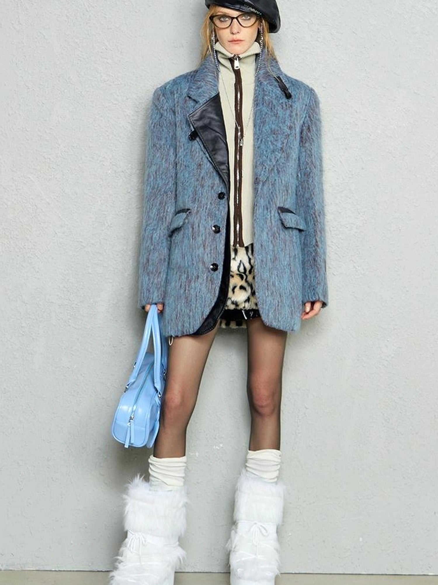 OfAkiva Blue Grey Wool Blend Suit Set With Skirt