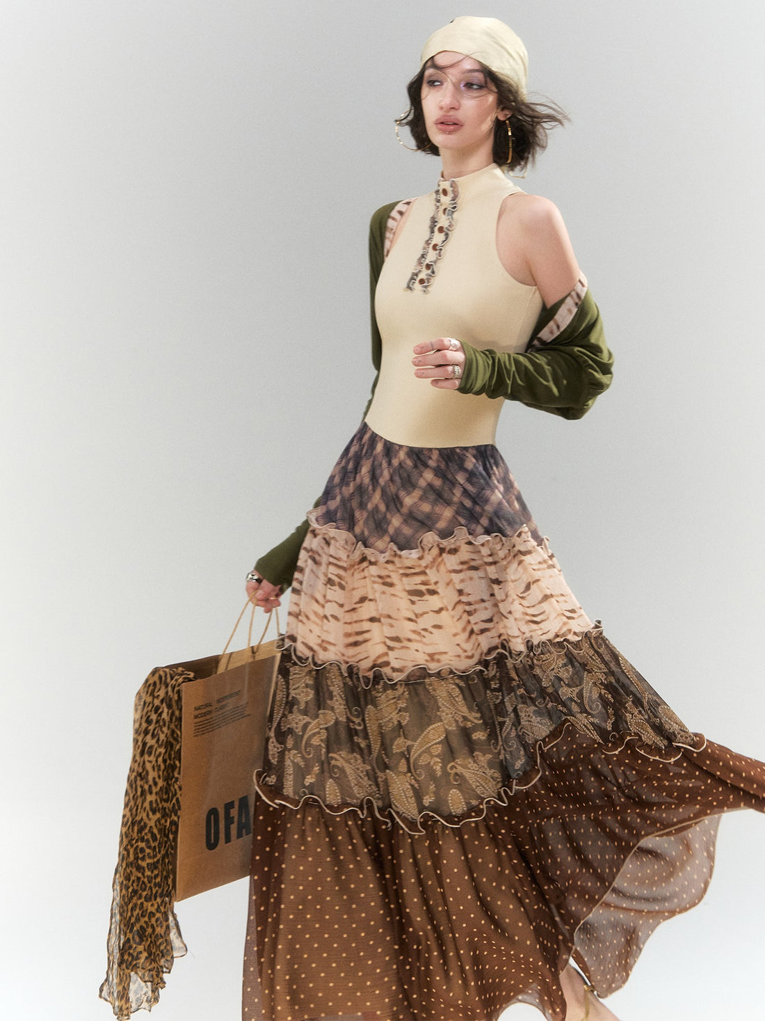 OfAkiva Bohemian Henley Neck Print Spliced Knit Women&