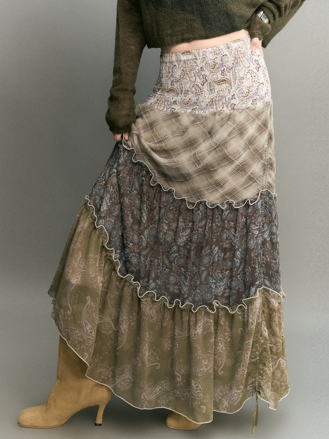 OfAkiva Bohemian Patchwork Ruched High Waist Tiered Women&