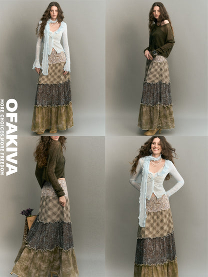 OfAkiva Bohemian Patchwork Ruched High Waist Tiered Women&