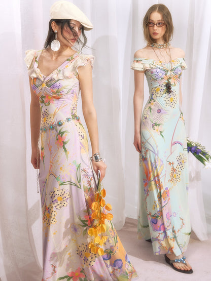 OfAkiva Botanical Floral Off Shoulder French Vintage Women&